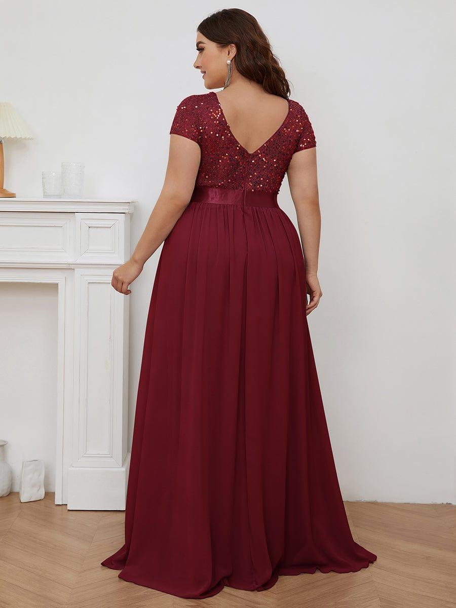 V-Neck Cap Sleeve Sequin & Chiffon Empire Waist Evening Dress #color_Burgundy