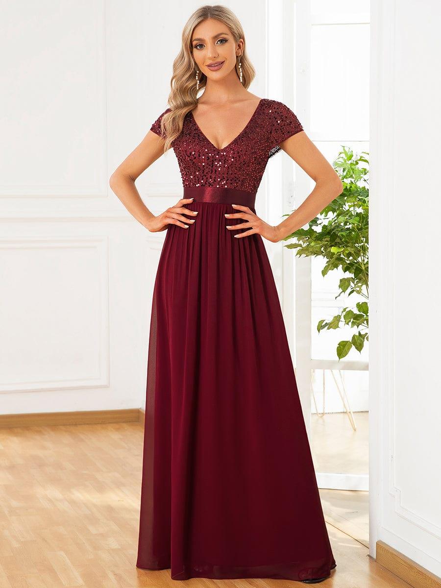 V-Neck Cap Sleeve Sequin & Chiffon Empire Waist Evening Dress #color_Burgundy