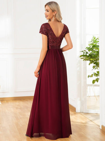 V-Neck Cap Sleeve Sequin & Chiffon Empire Waist Evening Dress #color_Burgundy