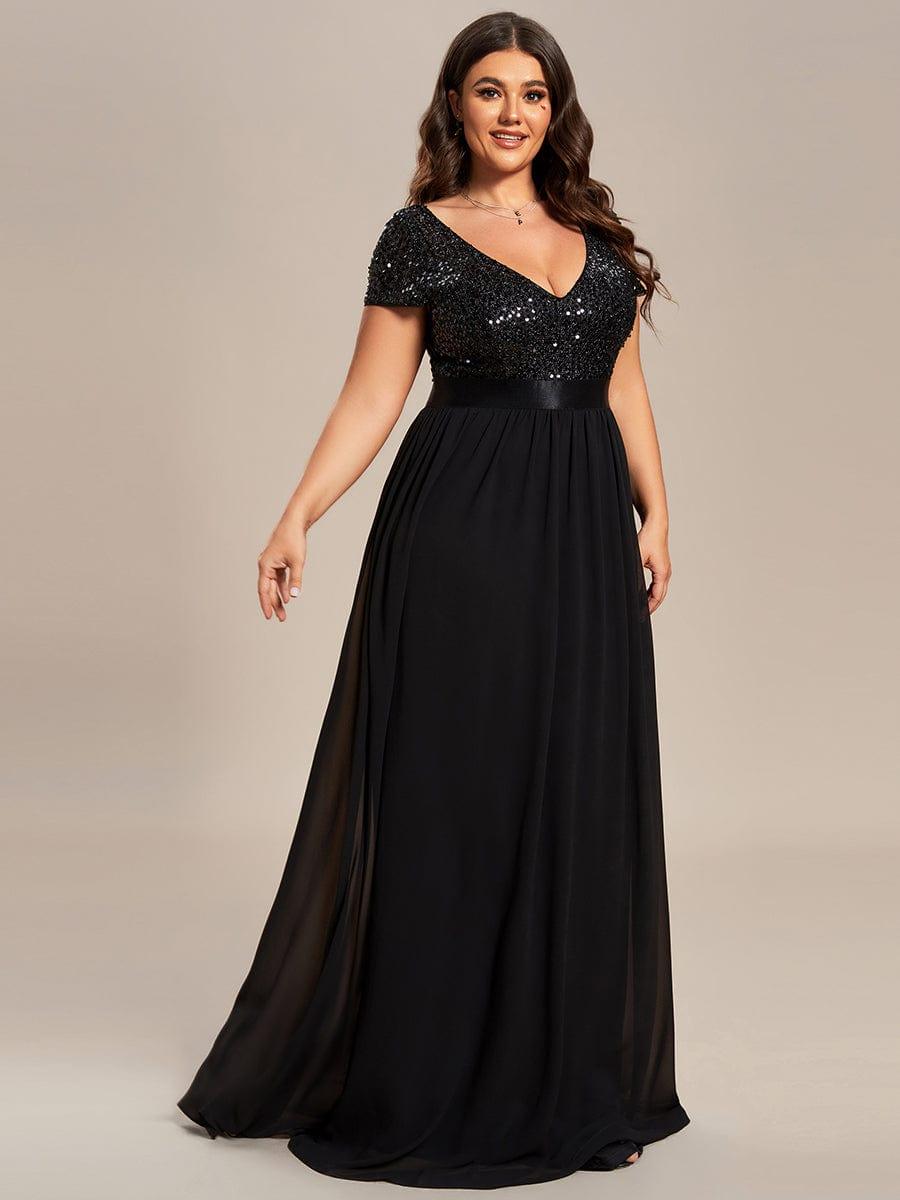 Plus Size V-Neck Cap Sleeve Sequins Chiffon Maxi Evening Dress #color_Black
