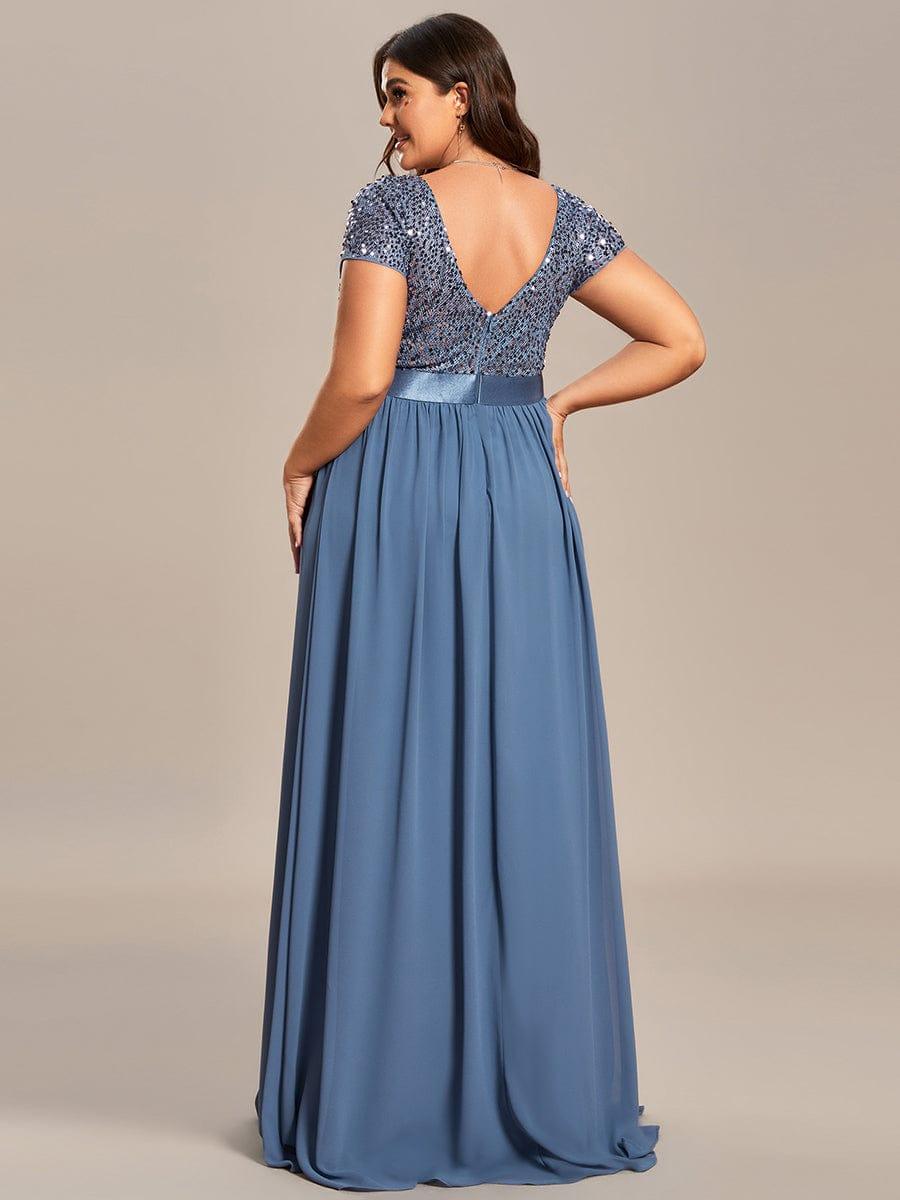 Plus Size V-Neck Cap Sleeve Sequins Chiffon Maxi Evening Dress #color_Dusty Blue