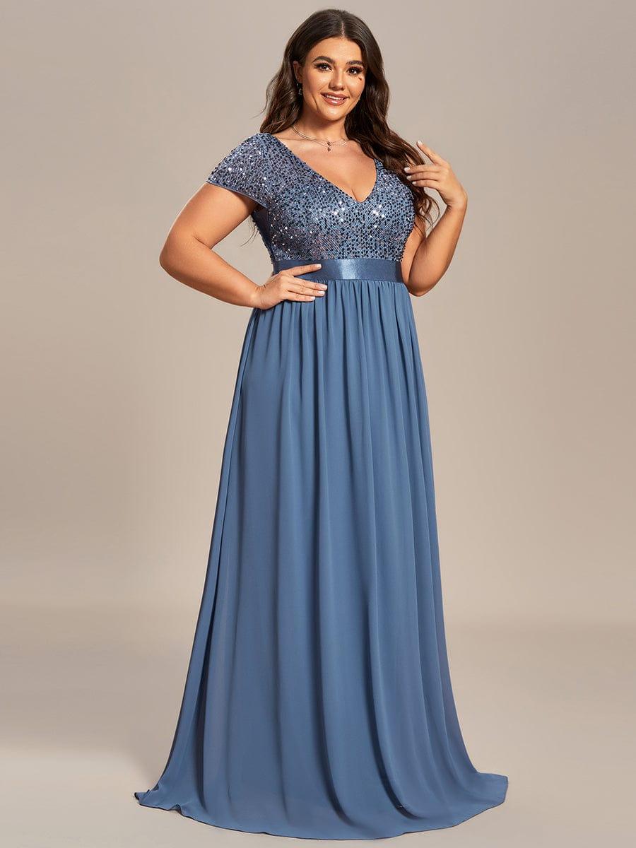 Plus Size V-Neck Cap Sleeve Sequins Chiffon Maxi Evening Dress #color_Dusty Blue