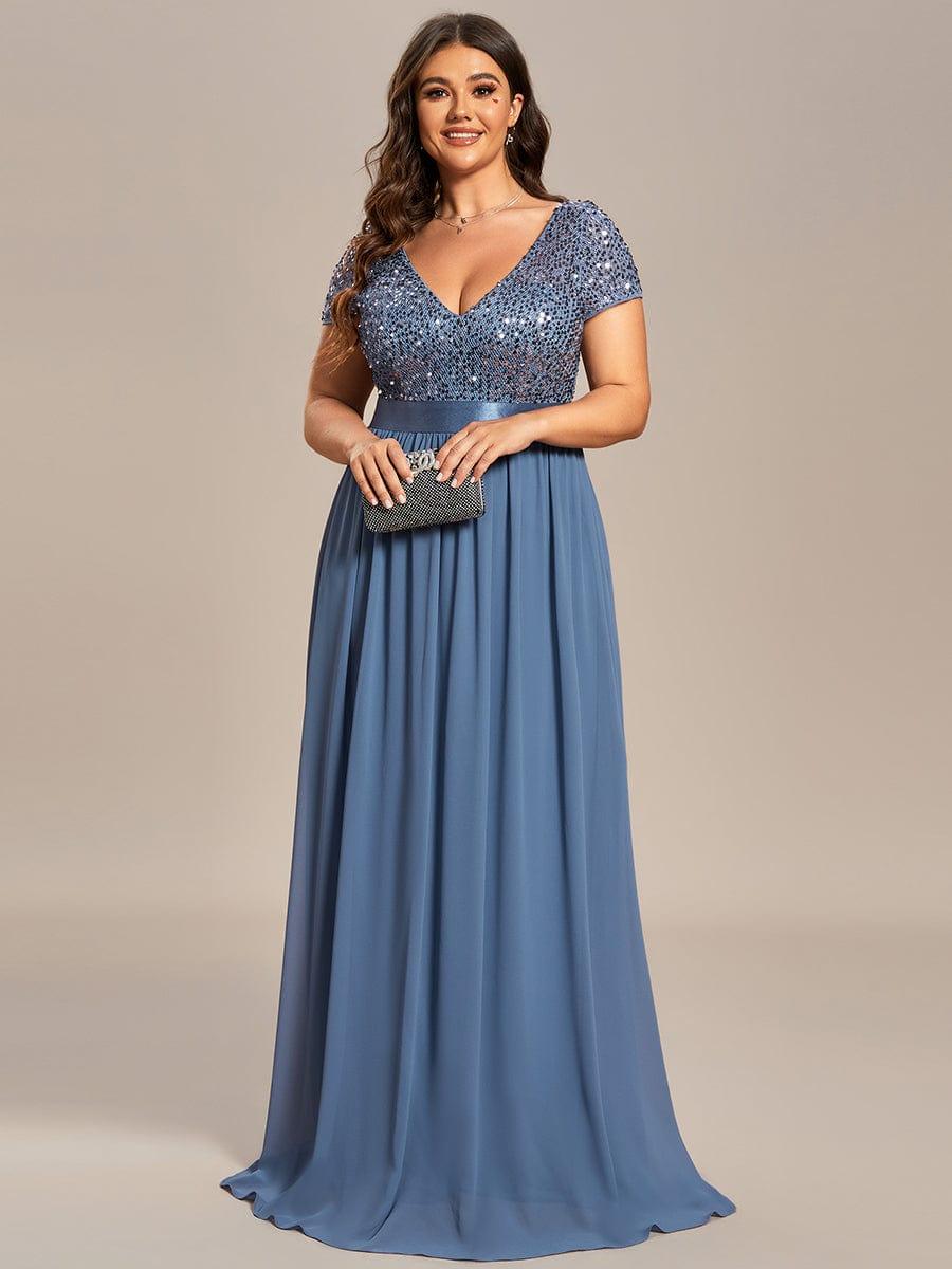 Plus Size V-Neck Cap Sleeve Sequins Chiffon Maxi Evening Dress #color_Dusty Blue