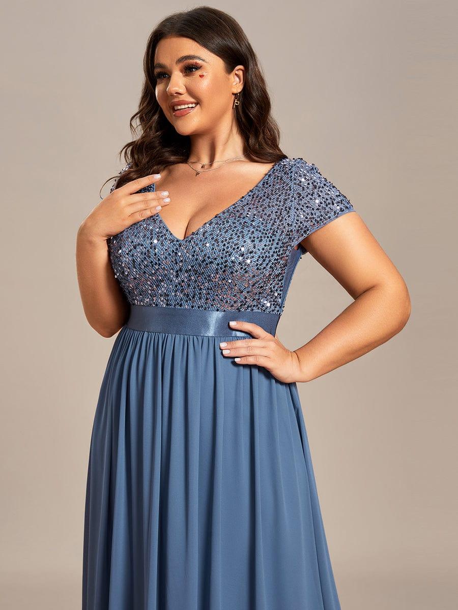Plus Size V-Neck Cap Sleeve Sequins Chiffon Maxi Evening Dress #color_Dusty Blue
