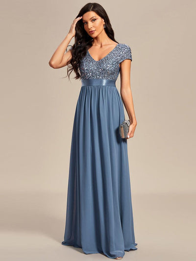 V-Neck Cap Sleeve Sequin & Chiffon Empire Waist Evening Dress #color_Dusty Blue
