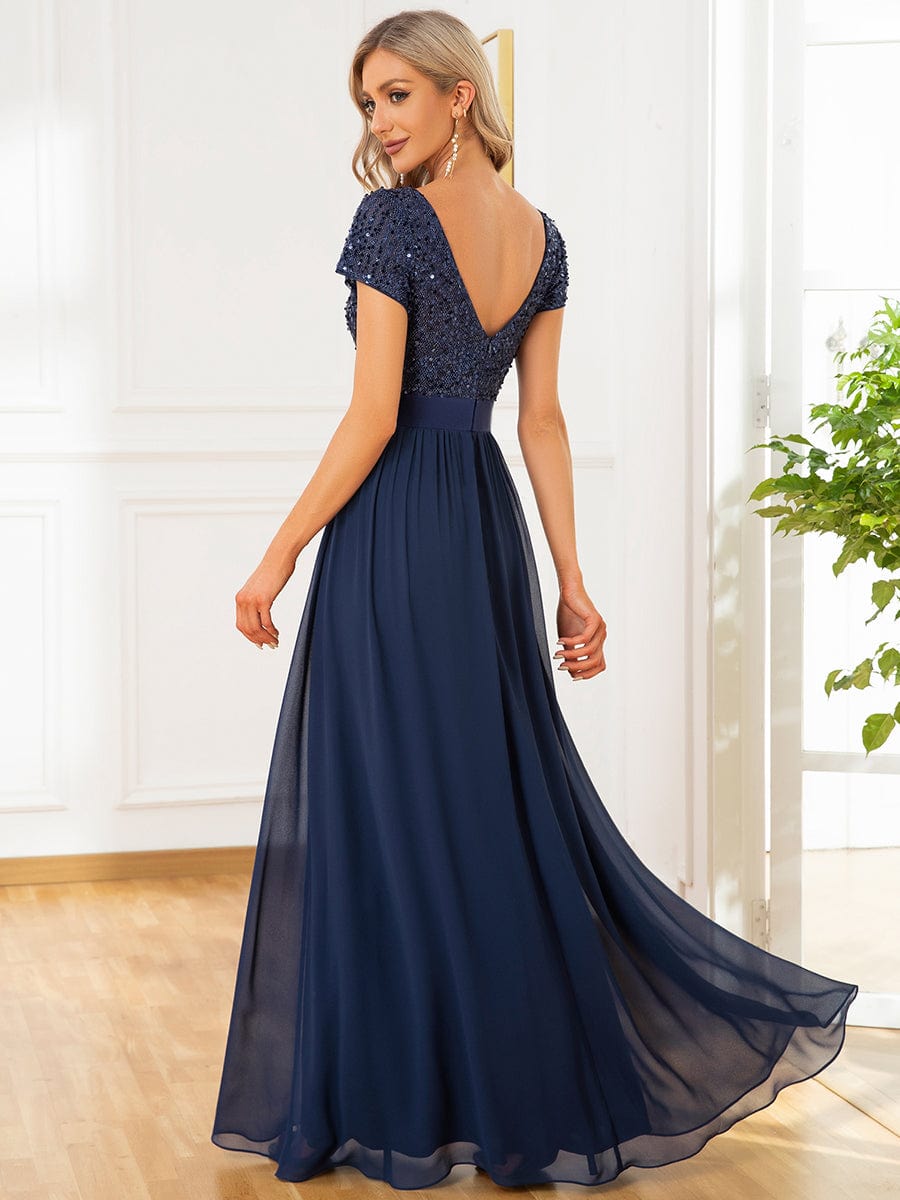 V-Neck Cap Sleeve Sequin & Chiffon Empire Waist Evening Dress #color_Navy Blue