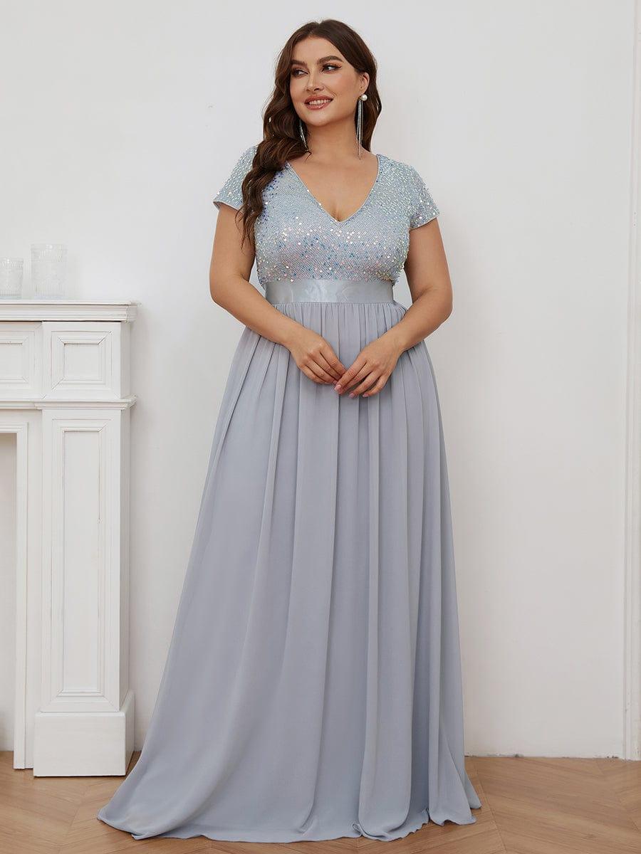 V-Neck Cap Sleeve Sequin & Chiffon Empire Waist Evening Dress #color_Silver