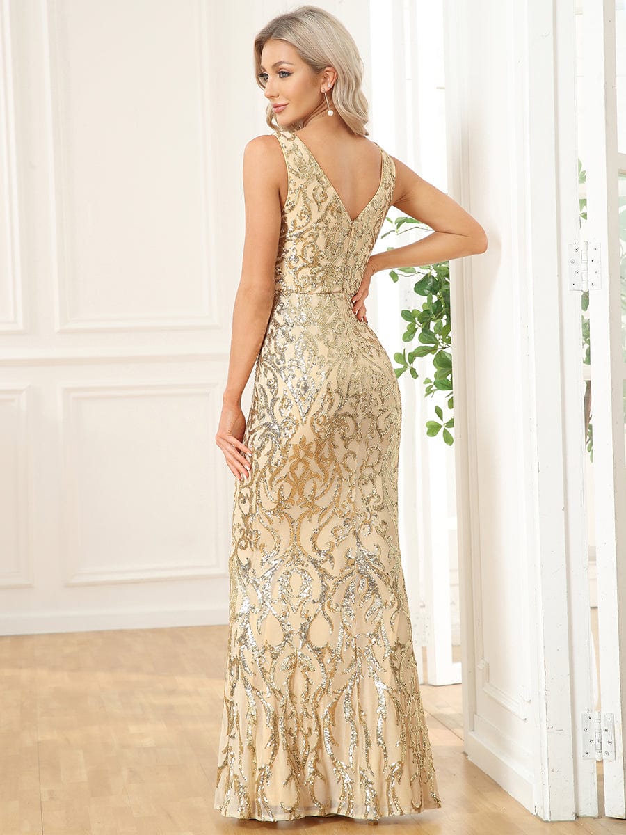 Sequin Sleeveless V-Neck Bodycon Floor-Length Evening Dress #Color_Gold