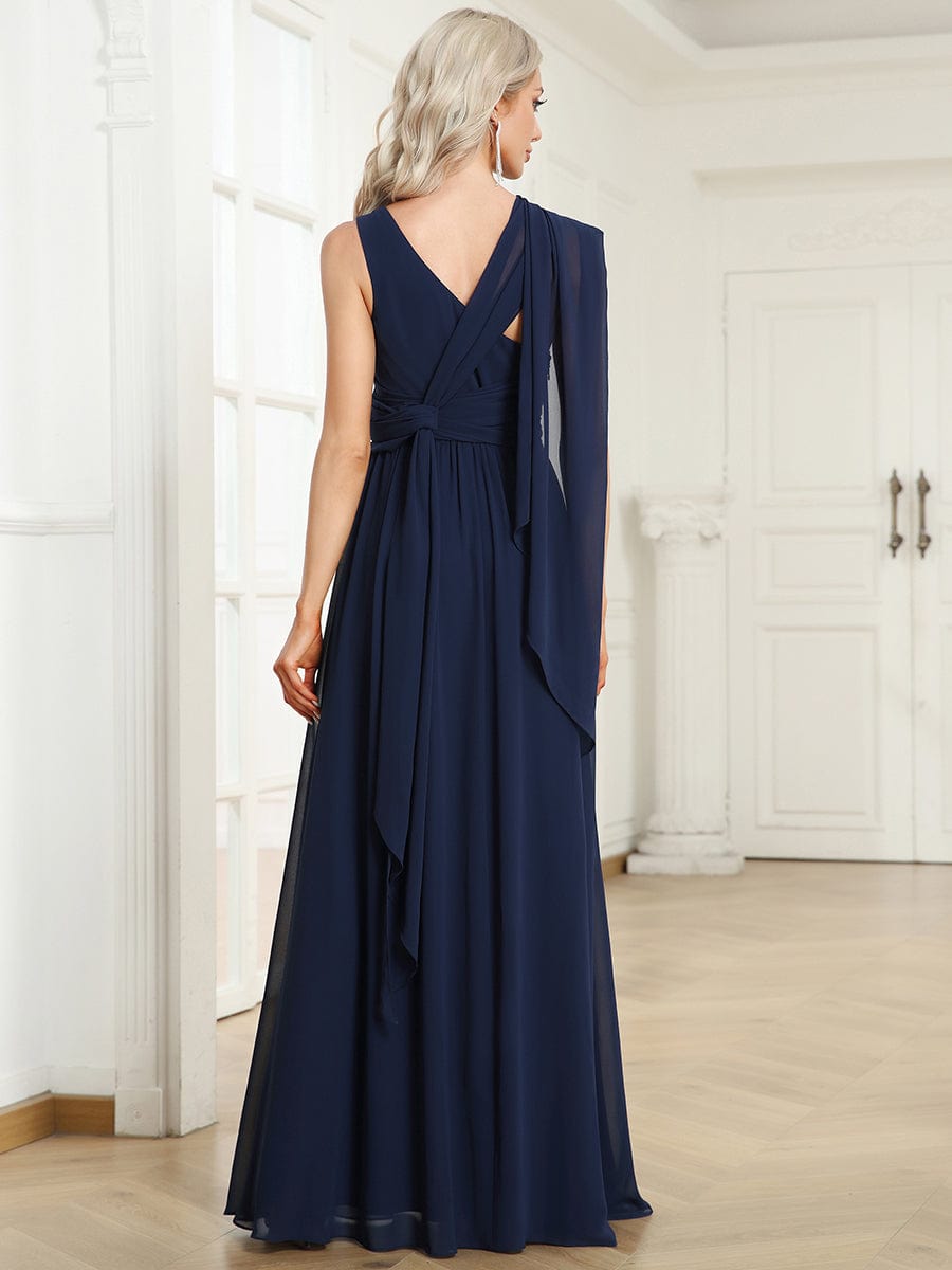 Chiffon One Shoulder Asymmetrical Embellished Waist Multiway Evening Dress #Color_Navy Blue Chiffon One Shoulder Asymmetrical Embellished Waist Multiway Evening Dress