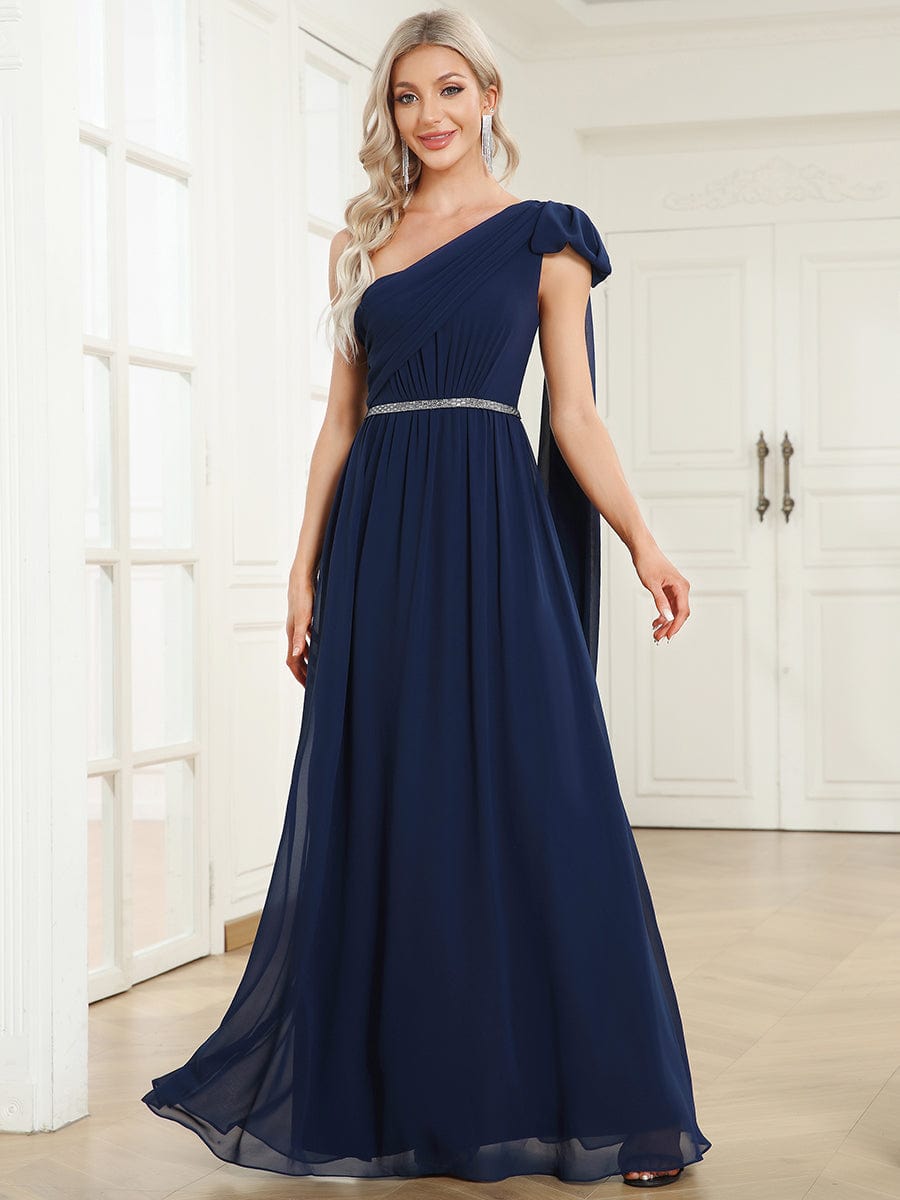 Chiffon One Shoulder Asymmetrical Embellished Waist Multiway Evening Dress #Color_Navy Blue Chiffon One Shoulder Asymmetrical Embellished Waist Multiway Evening Dress