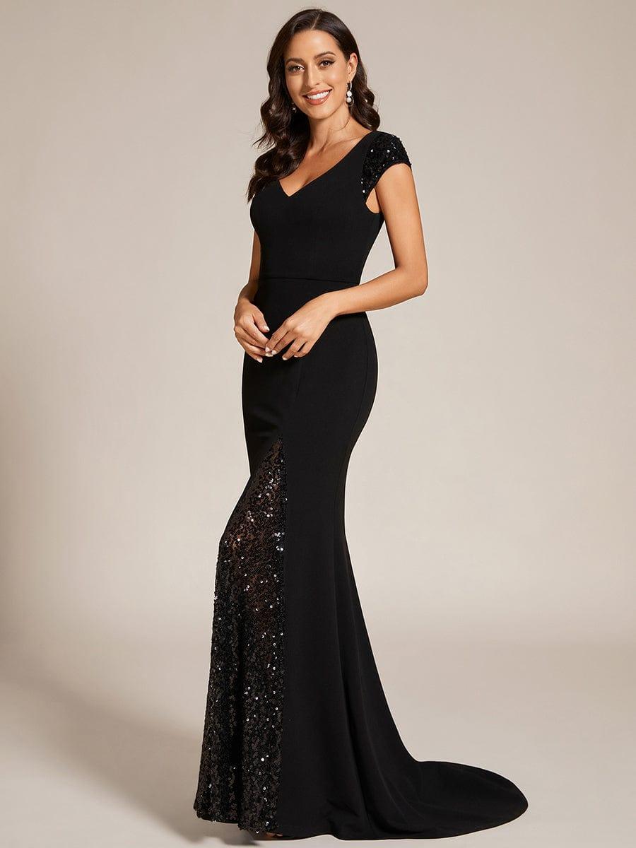 Custom Size Sequin Deep V Trail Sequin Fashion Evening Dress #color_Black Custom Size Deep V Sequin Fashion Long Evening Dress
