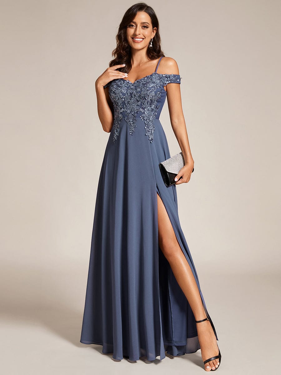 Custom Size Cold Shoulder Sequin Side Slit Evening Dresses #color_Stormy Custom Size Cold Shoulder Side Slit Evening Dresses