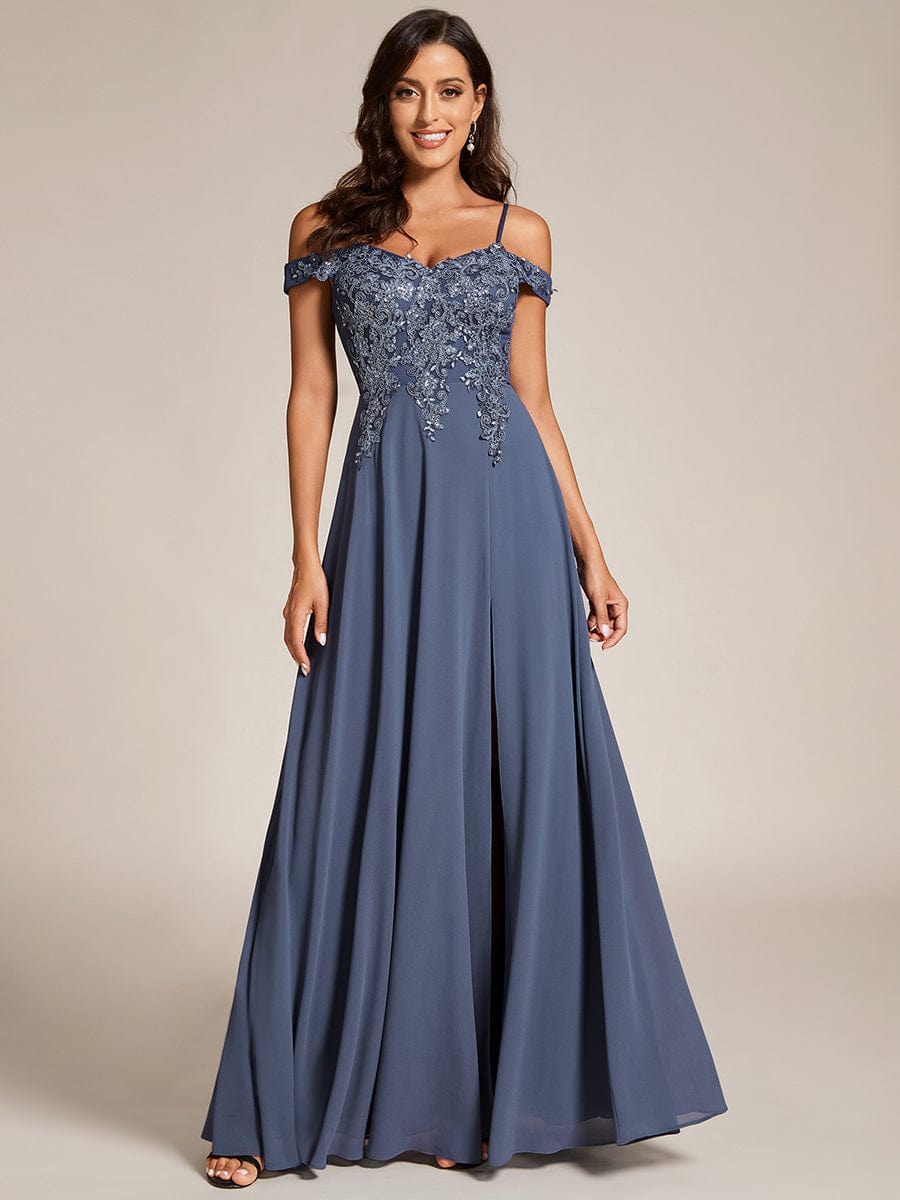 Custom Size Cold Shoulder Sequin Side Slit Evening Dresses #color_Stormy Custom Size Cold Shoulder Side Slit Evening Dresses