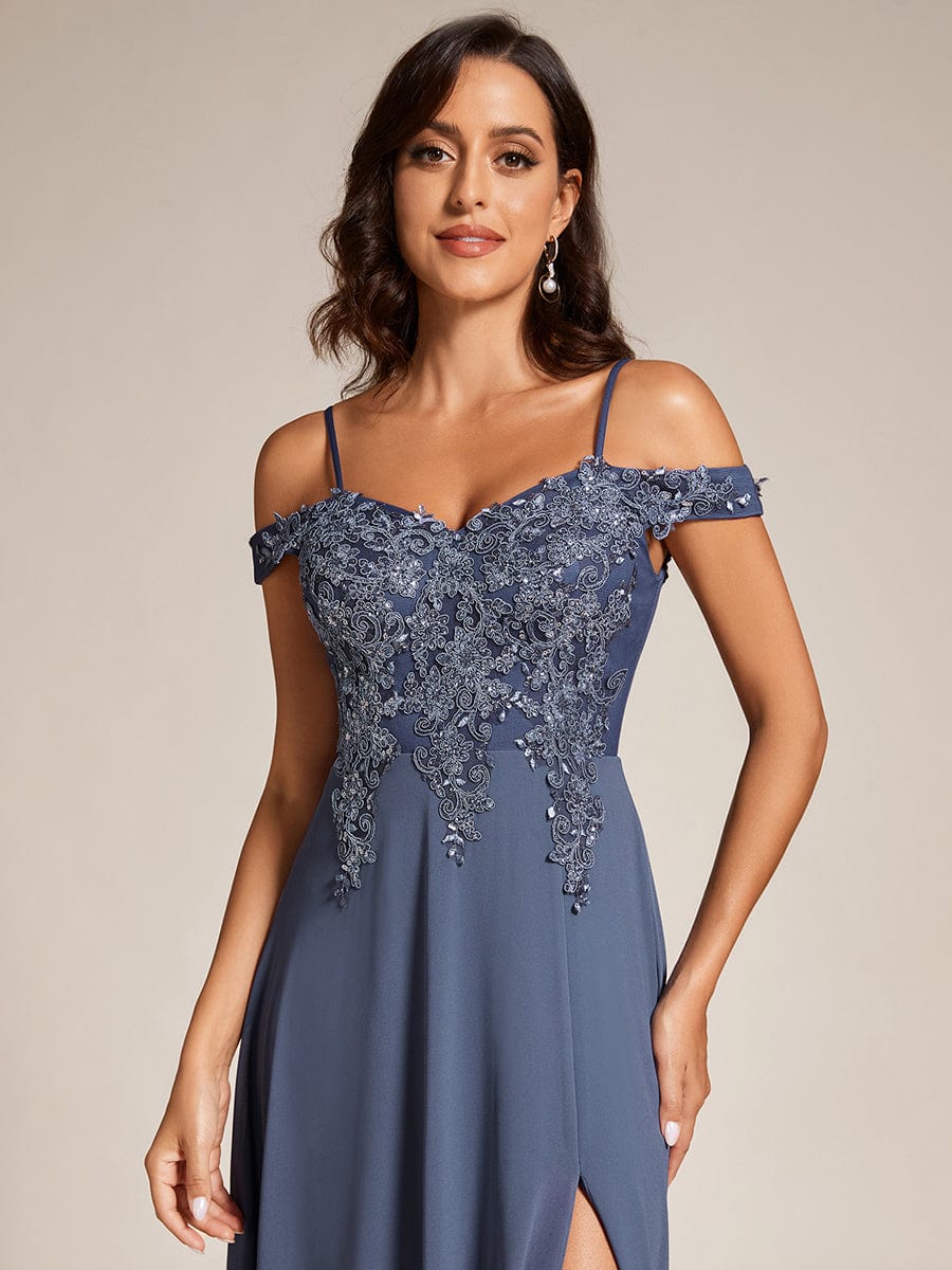 Custom Size Cold Shoulder Sequin Side Slit Evening Dresses #color_Stormy Custom Size Cold Shoulder Side Slit Evening Dresses