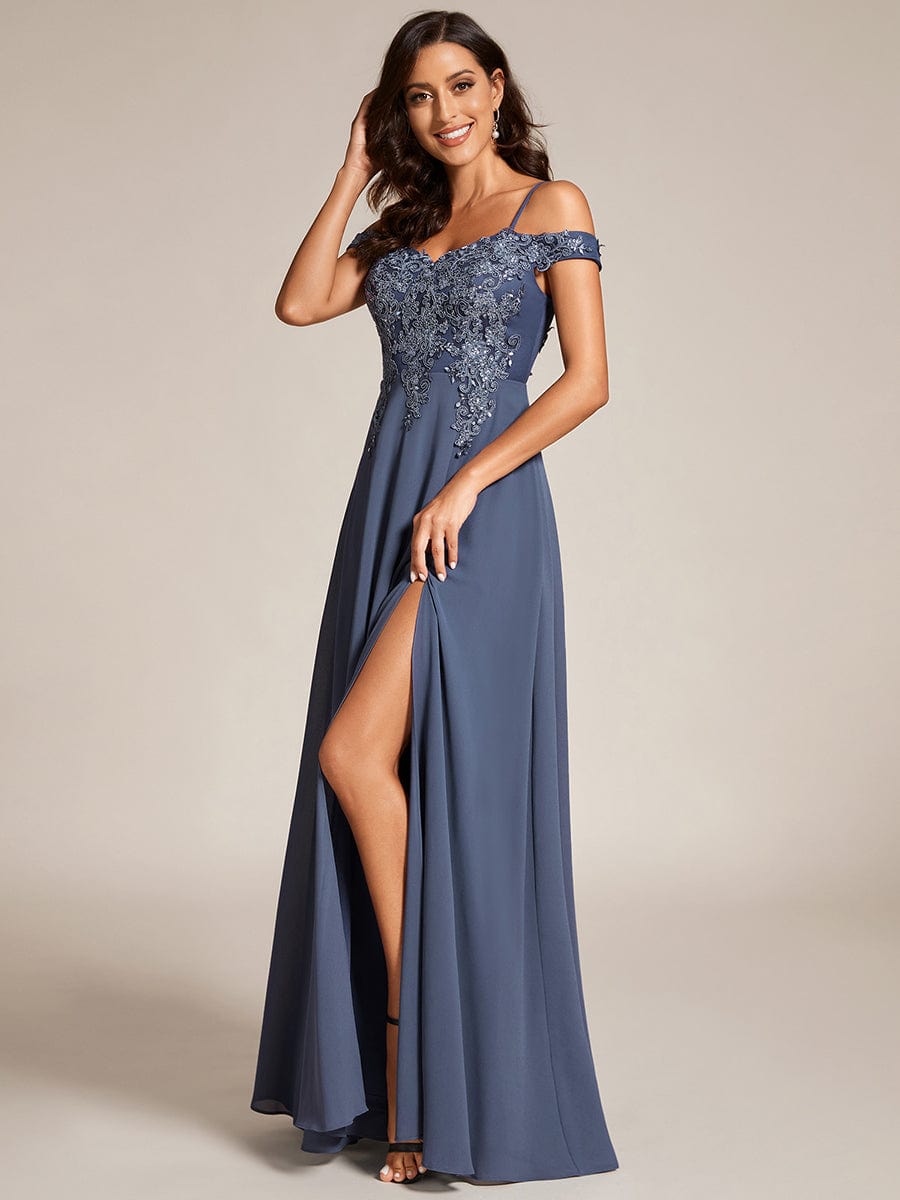 Custom Size Cold Shoulder Sequin Side Slit Evening Dresses #color_Stormy Custom Size Cold Shoulder Side Slit Evening Dresses