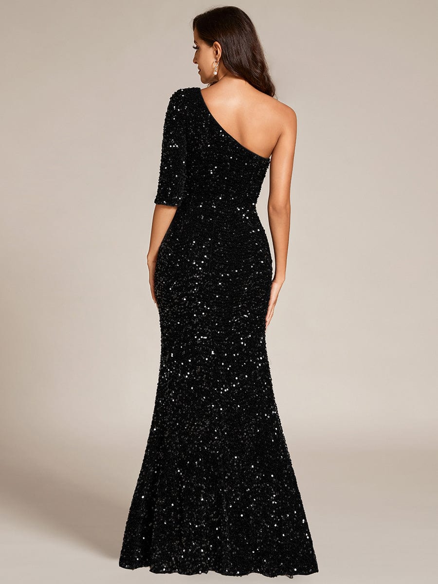 Custom Size Slit One-Shoulder Sequin Evening dress Maxi with bare legs #color_Black Custom Size Slit One-Shoulder Sequin Evening dress Maxi
