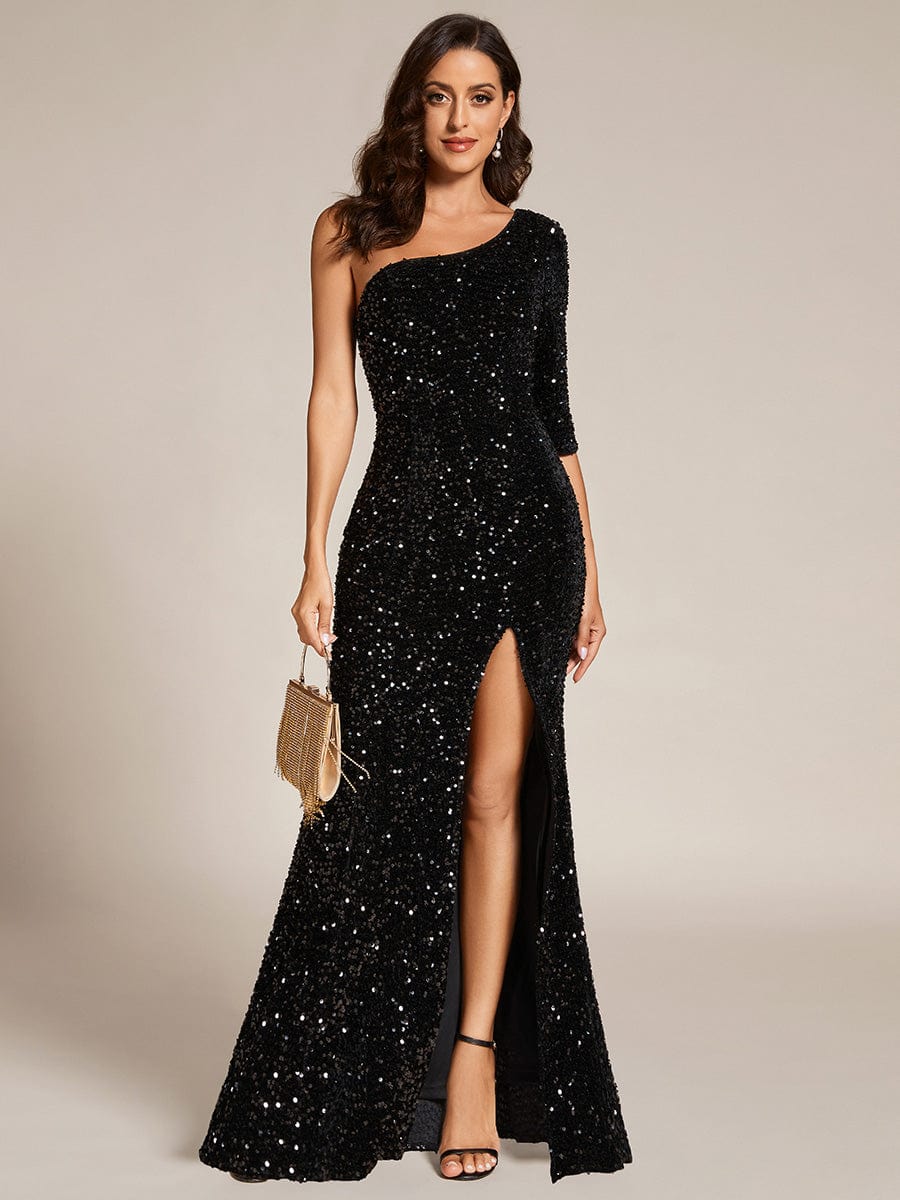 Custom Size Slit One-Shoulder Sequin Evening dress Maxi with bare legs #color_Black Custom Size Slit One-Shoulder Sequin Evening dress Maxi