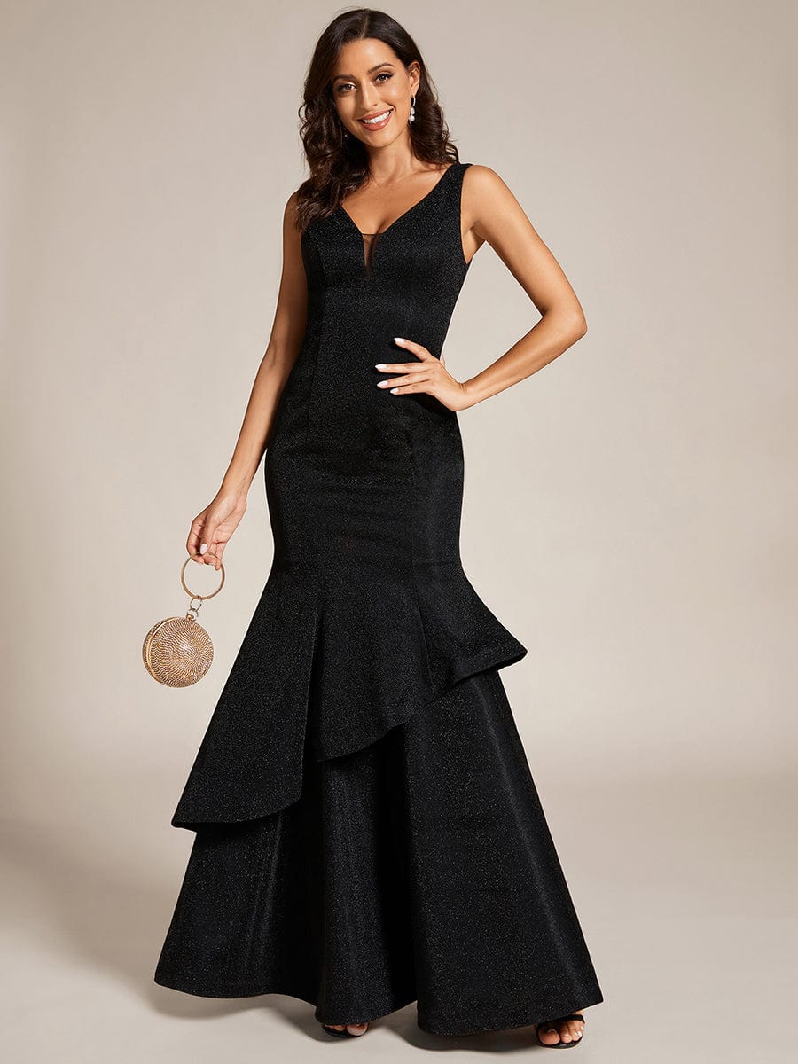 Custom Size Sleeveless V-Neck Floor Length Ruffle Evening Dress #color_Black Custom Size Sleeveless V-Neck Ruffle Long Evening Dress