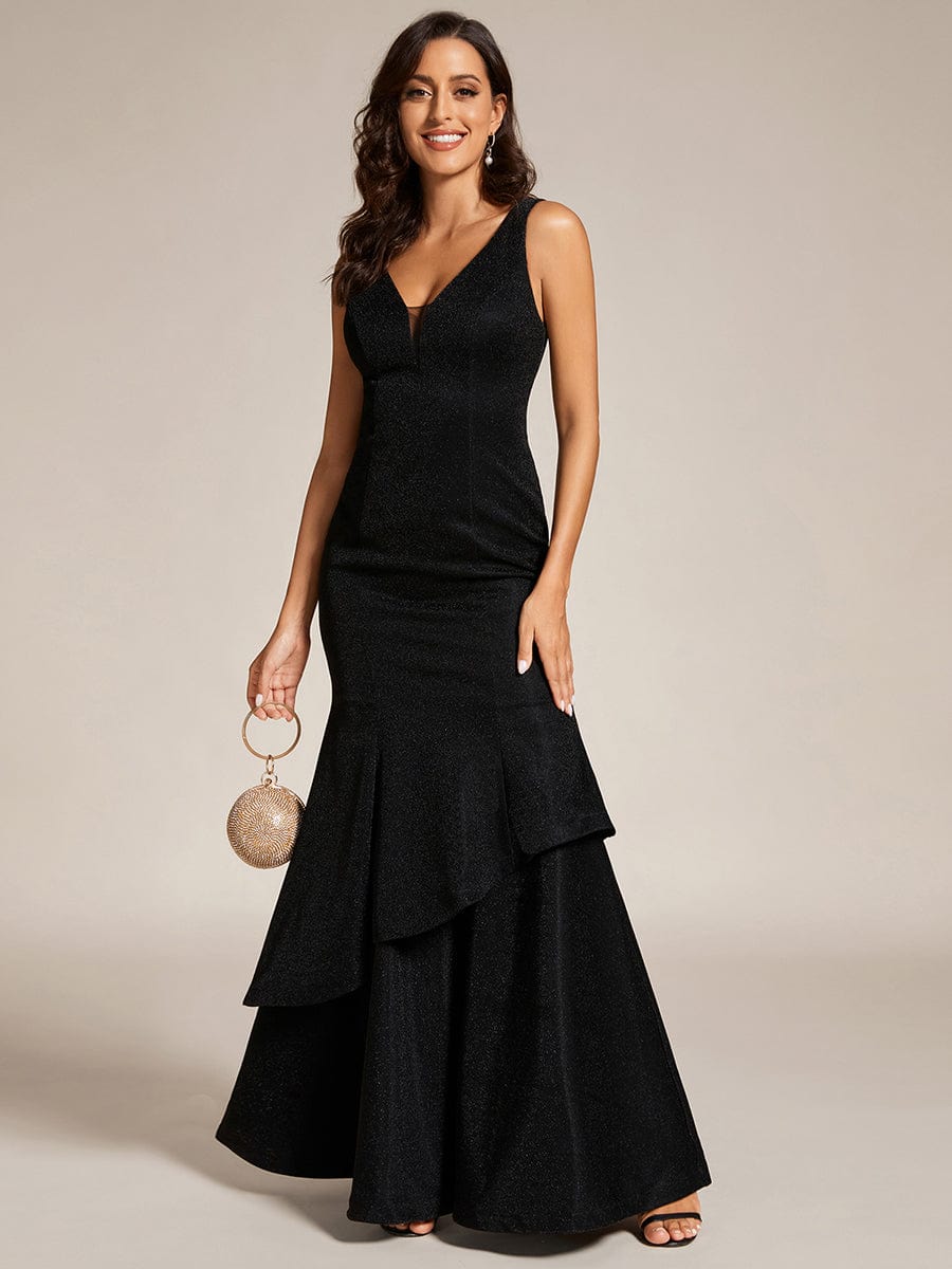 Custom Size Sleeveless V-Neck Floor Length Ruffle Evening Dress #color_Black Custom Size Sleeveless V-Neck Ruffle Long Evening Dress