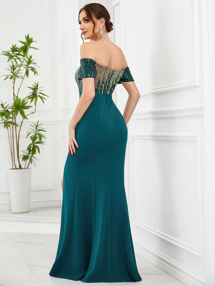 Off-Shoulder Sequin Bodycon High Front Slit Evening Dress #Color_Teal Off-Shoulder Sequin Bodycon High Front Slit Evening Dress