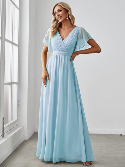 V-Neck Flutter Sleeve Floor-Length A-Line Chiffon Bridesmaid Dress #color_Sky Blue