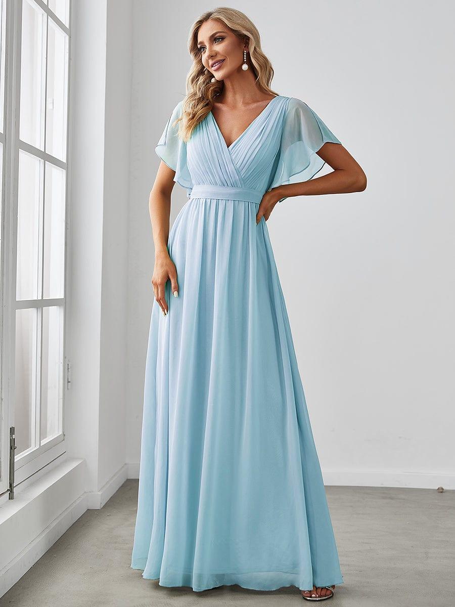 V-Neck Flutter Sleeve Floor-Length A-Line Chiffon Bridesmaid Dress #color_Sky Blue