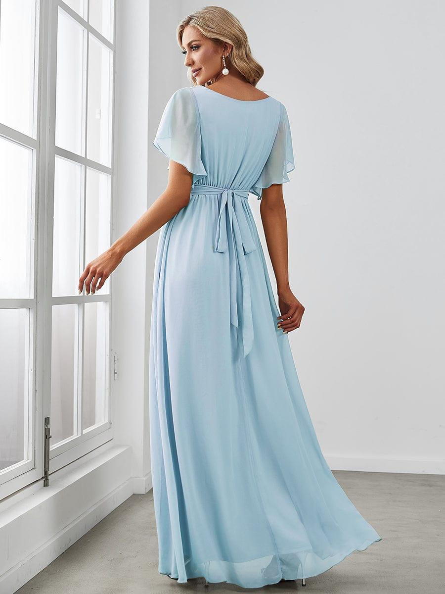V-Neck Flutter Sleeve Floor-Length A-Line Chiffon Bridesmaid Dress #color_Sky Blue