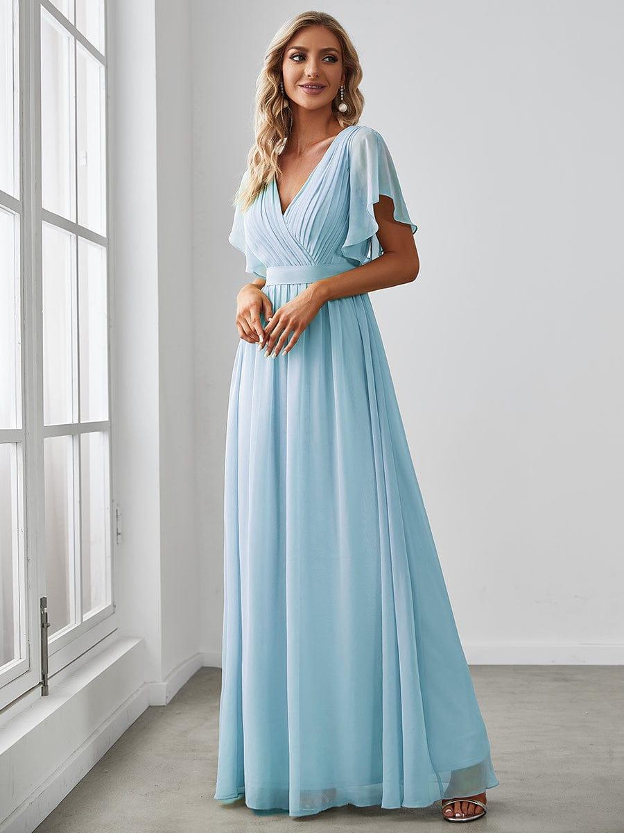 V-Neck Flutter Sleeve Floor-Length A-Line Chiffon Bridesmaid Dress #color_Sky Blue