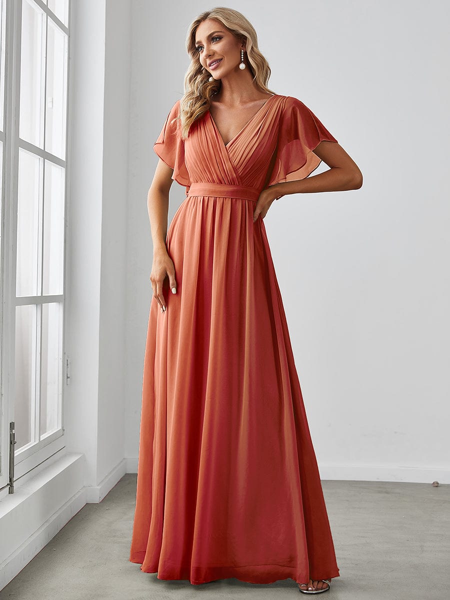 V-Neck Flutter Sleeve Floor-Length A-Line Chiffon Bridesmaid Dress #color_Burnt Orange