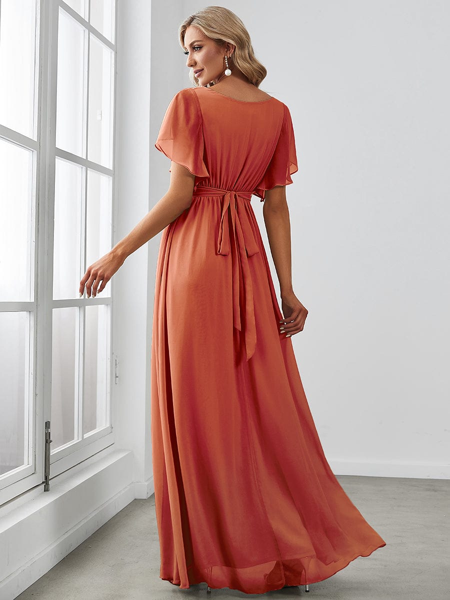 V-Neck Flutter Sleeve Floor-Length A-Line Chiffon Bridesmaid Dress #color_Burnt Orange