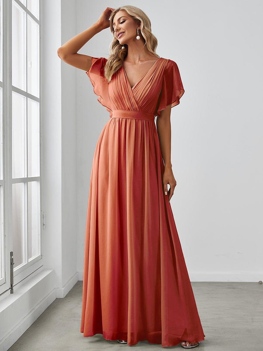 V-Neck Flutter Sleeve Floor-Length A-Line Chiffon Bridesmaid Dress #color_Burnt Orange