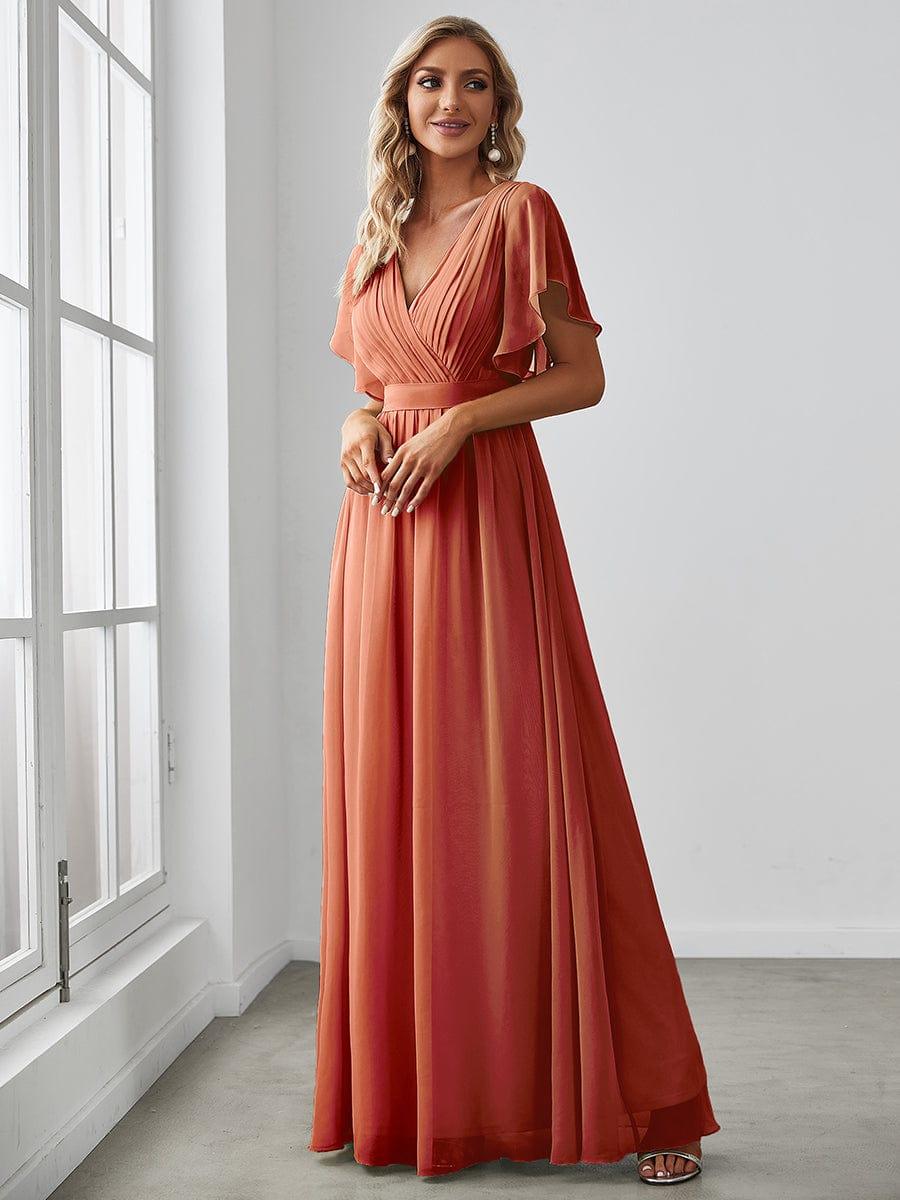 V-Neck Flutter Sleeve Floor-Length A-Line Chiffon Bridesmaid Dress #color_Burnt Orange
