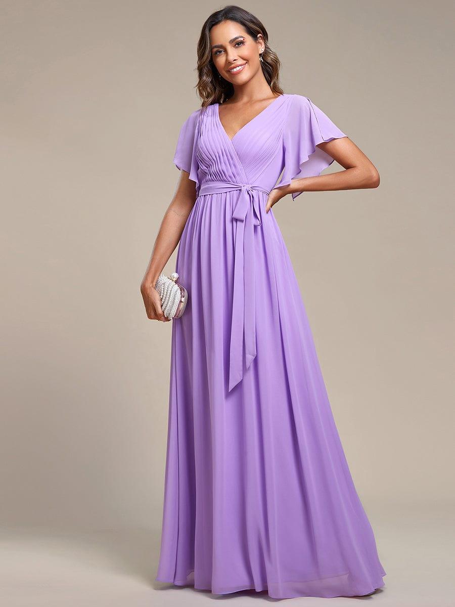 V-Neck Flutter Sleeve Floor-Length A-Line Chiffon Bridesmaid Dress #color_Lavender