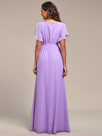 V-Neck Flutter Sleeve Floor-Length A-Line Chiffon Bridesmaid Dress #color_Lavender