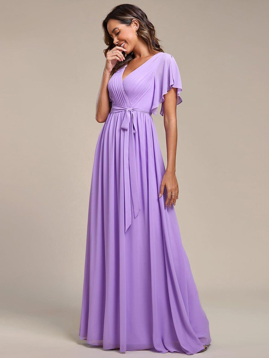 V-Neck Flutter Sleeve Floor-Length A-Line Chiffon Bridesmaid Dress #color_Lavender
