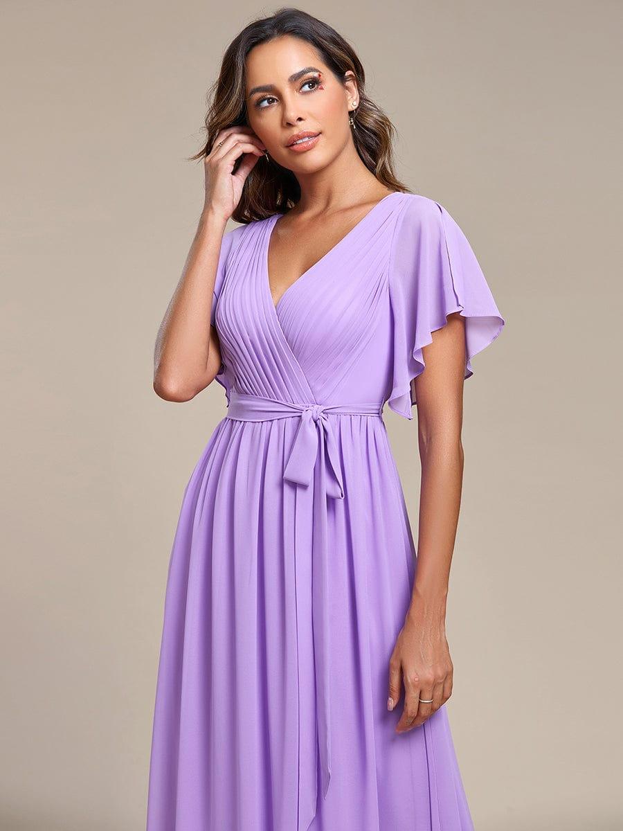 V-Neck Flutter Sleeve Floor-Length A-Line Chiffon Bridesmaid Dress #color_Lavender