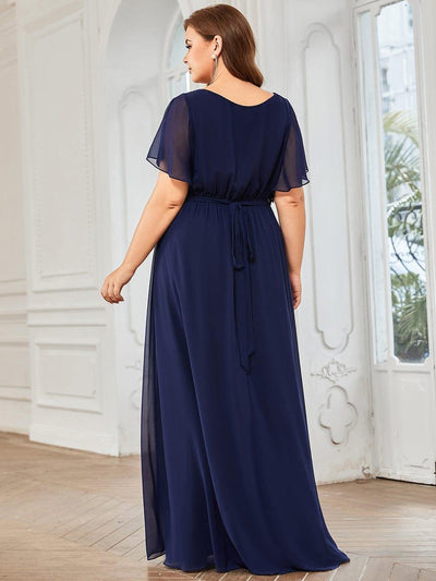 Plus Size Floor-Length Chiffon Evening Dress V-Neck Maxi #color_Navy Blue