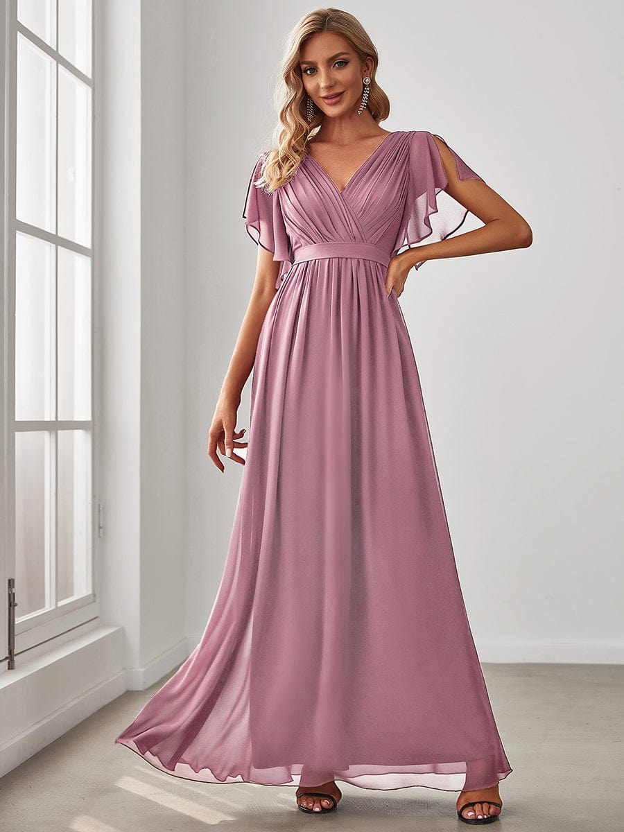 Custom Size V-Neck Flutter Sleeve Floor-Length A-Line Chiffon Evening Dress #color_Purple Orchid