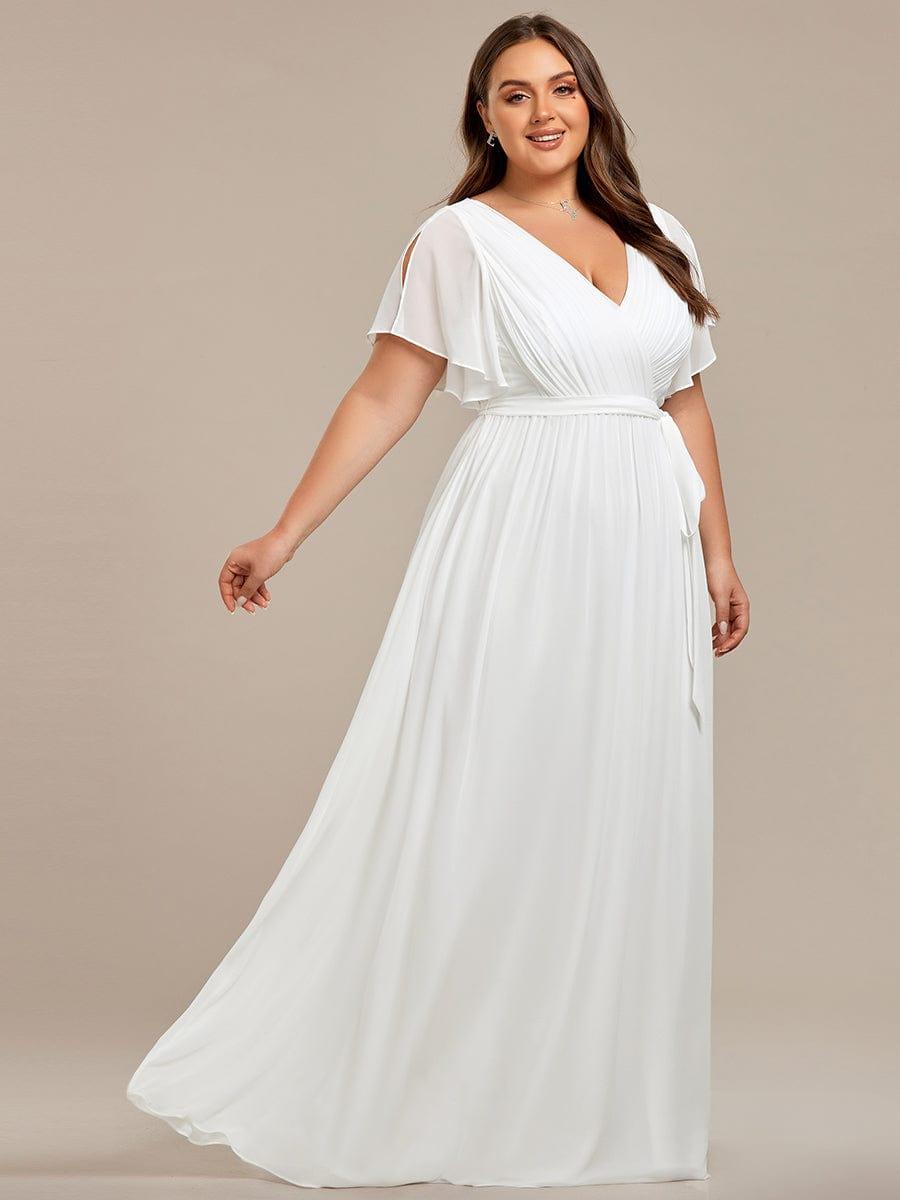 V-Neck Flutter Sleeve Floor-Length A-Line Chiffon Bridesmaid Dress #color_White