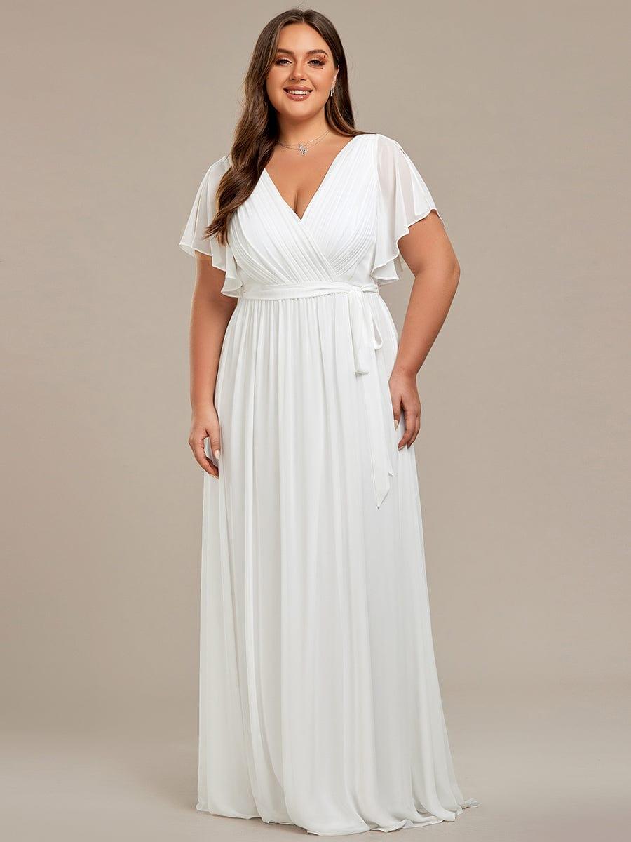 V-Neck Flutter Sleeve Floor-Length A-Line Chiffon Bridesmaid Dress #color_White