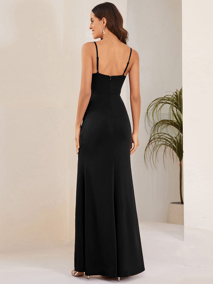 Sparkling Spaghetti Strap Evening Dress with Thigh-High Slit #color_Black