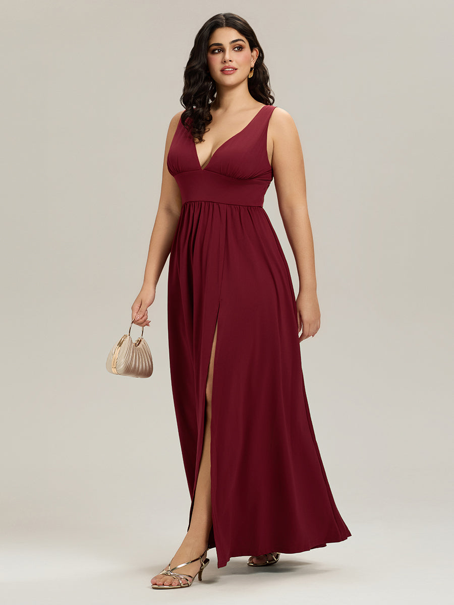 Plus Size Chiffon Lace Print Sleeveless Empire Waist V-Neck Evening Dress #color_Burgundy
