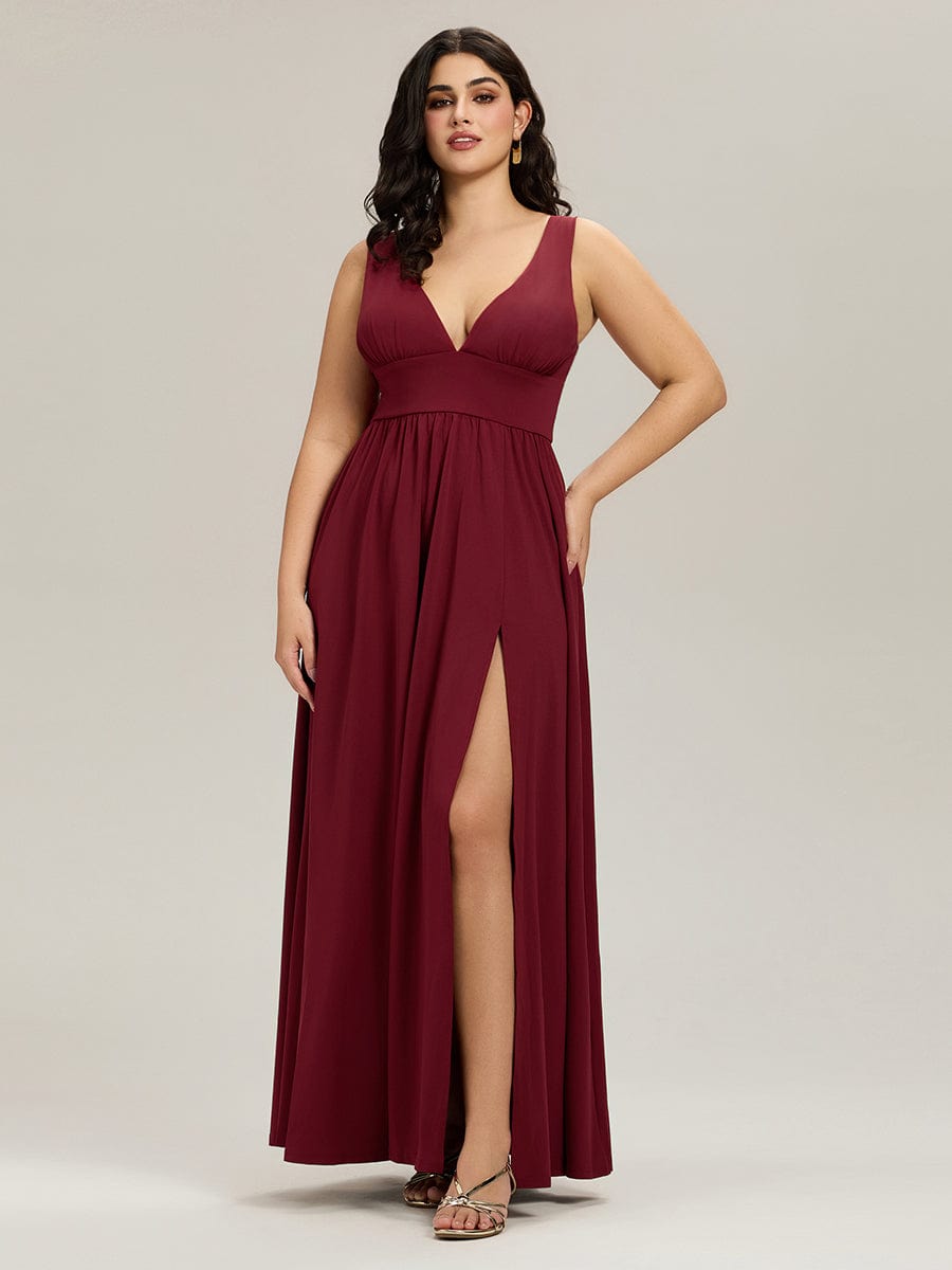 Plus Size Chiffon Lace Print Sleeveless Empire Waist V-Neck Evening Dress #color_Burgundy