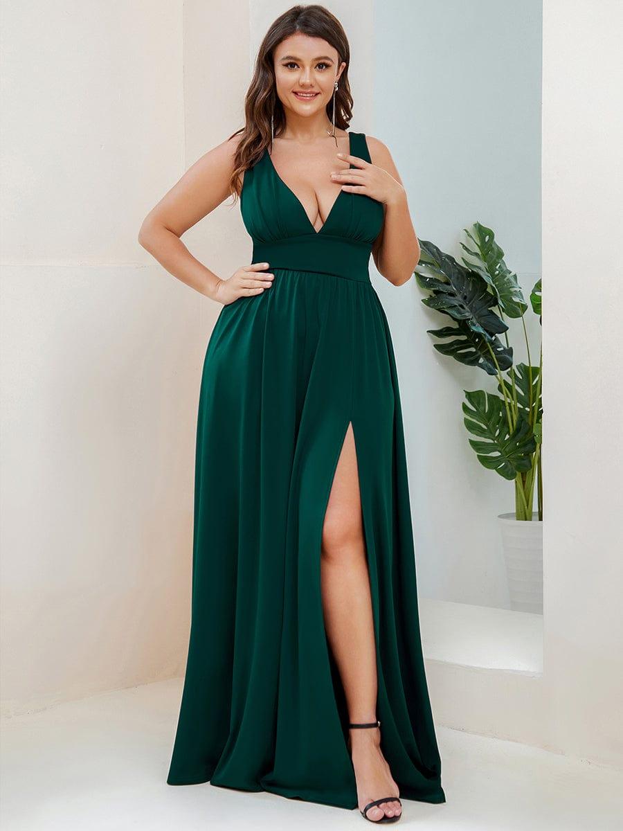 Plus Size Chiffon Lace Print Sleeveless Empire Waist V-Neck Evening Dress #color_Dark Green