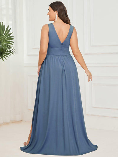 Plus Size Chiffon Lace Print Sleeveless Empire Waist V-Neck Evening Dress #color_Dusty Blue