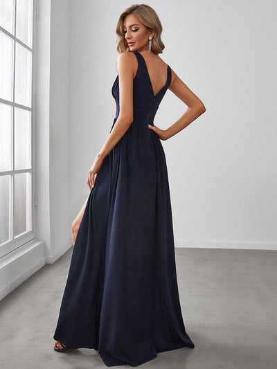 Stunning V-Neck Empire Waist Floor-Length Evening Dress with High Slit #color_Navy Blue