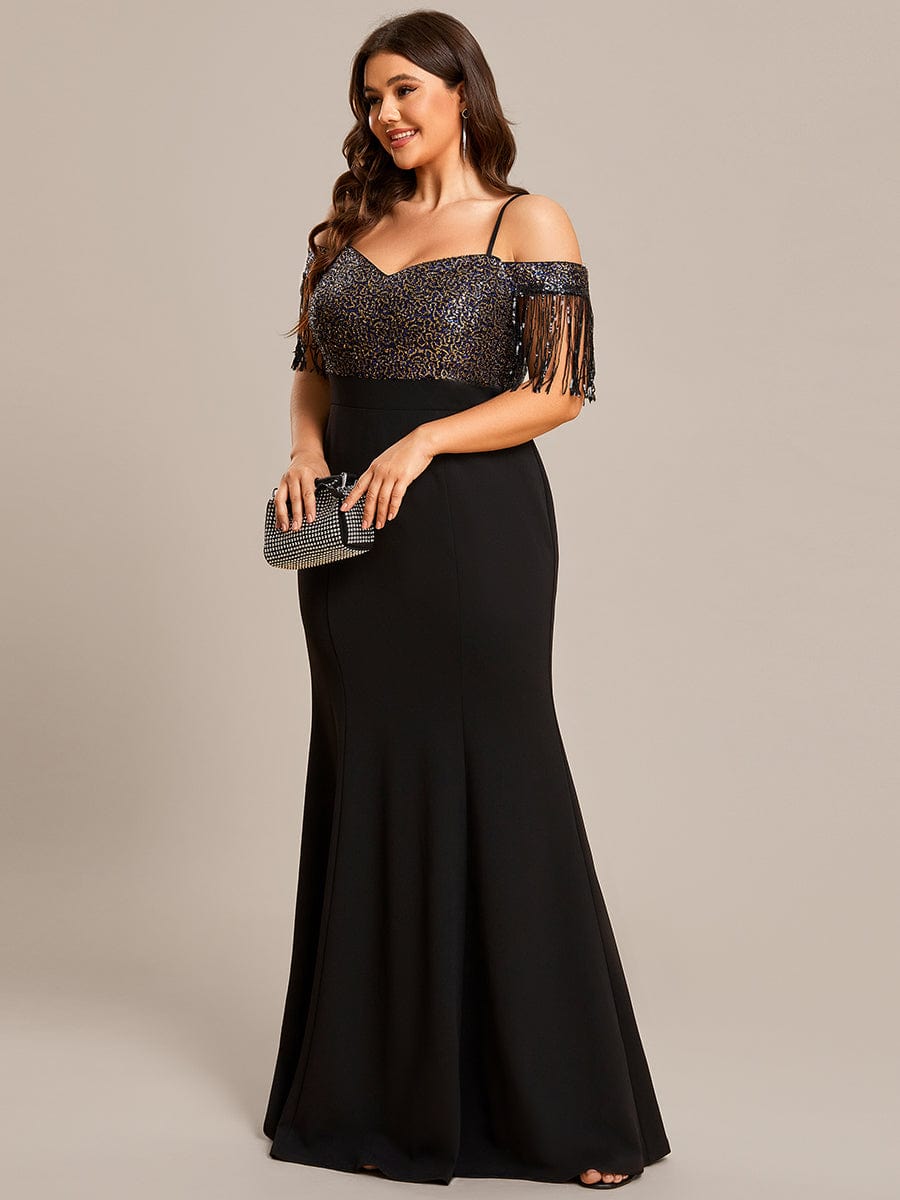 Plus Size Elegant Short-sleeved Evening Dress with Fish Tail Hem #Color_Black Plus Size Elegant Short-sleeved Evening Dress with Fish Tail Hem