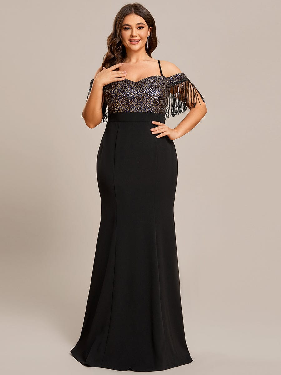 Plus Size Elegant Short-sleeved Evening Dress with Fish Tail Hem #Color_Black Plus Size Elegant Short-sleeved Evening Dress with Fish Tail Hem