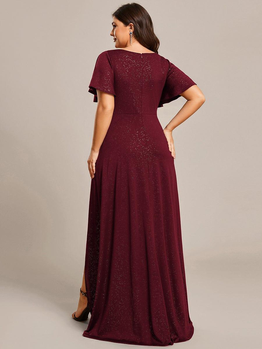 Plus Size Glittering High-Low Evening Dress with Flutter Sleeves #color_Burgundy