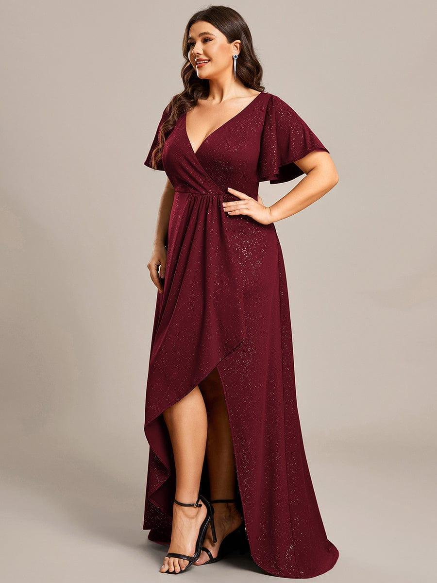 Plus Size Glittering High-Low Evening Dress with Flutter Sleeves #color_Burgundy